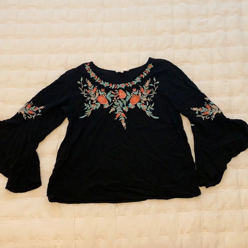 Black long sleeve top with floral embroidery